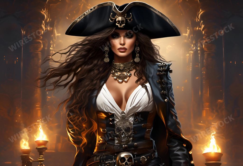 An AI generated illustration of A pirate woman in traditional costume poses with a sword in her hand