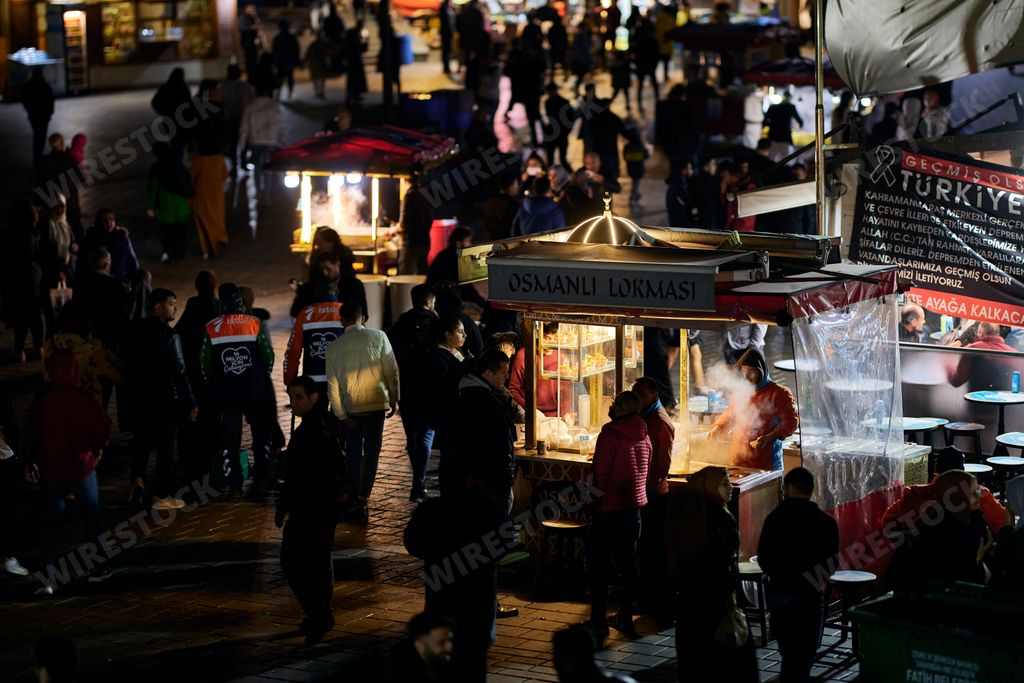 An aerial view of the crowded outdoor market in Istanbul, Turkey at night