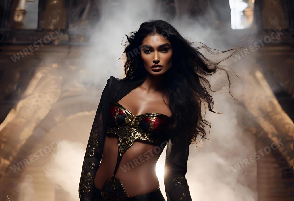 An AI generated illustration of A young woman in a gold bikini top and black pants