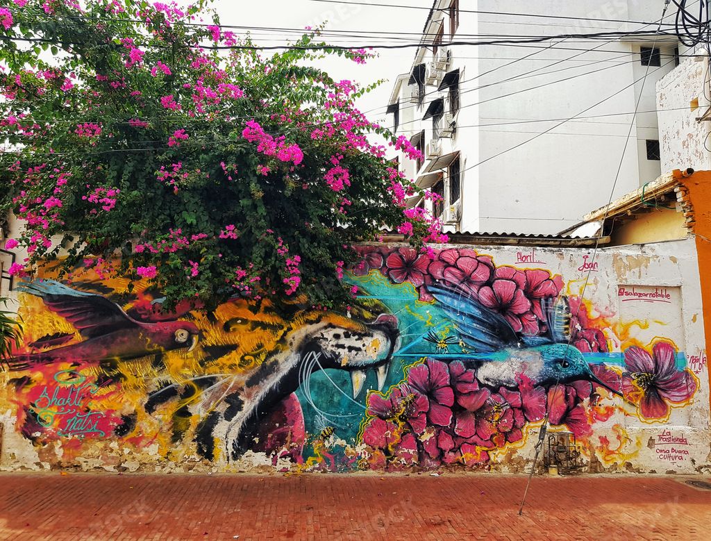A beautiful shot of huge street art with flowers in Santa Marta, Colombia.
