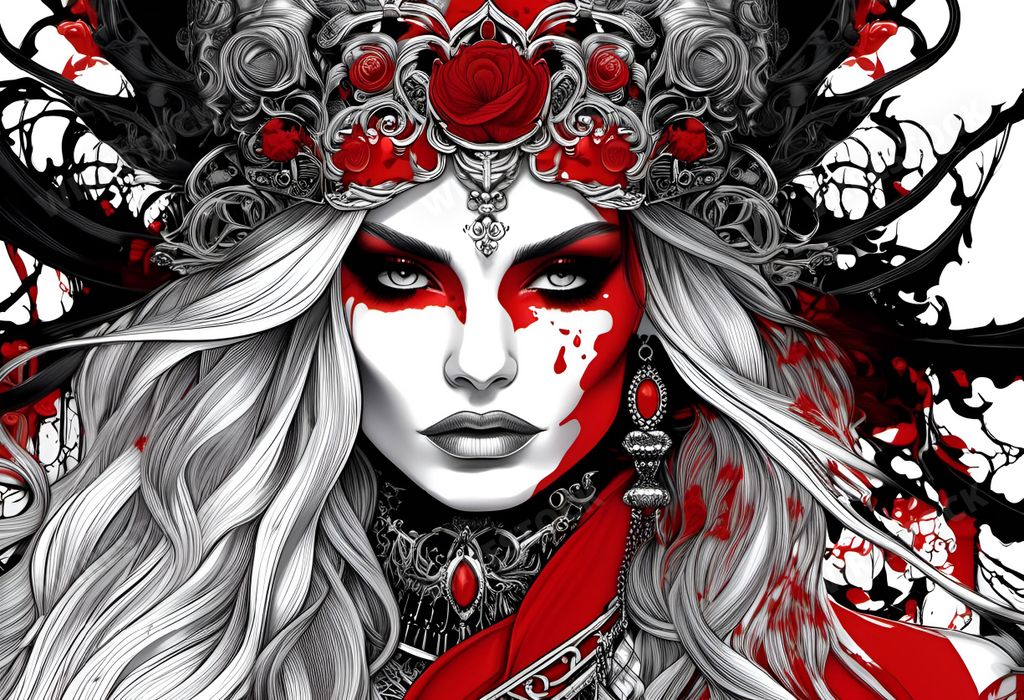 An AI generated illustration of A beautiful young woman with long blonde hair and a gothic-inspired look stands gracefully, adorned with vibrant red roses