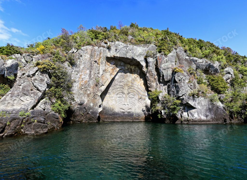 A scenic view of Maori carving at Lake Taupo New Zealand