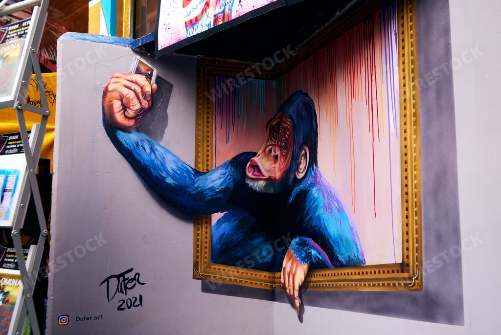 A painted mural of a gorilla taking selfie in a frame in Medellin, Columbia