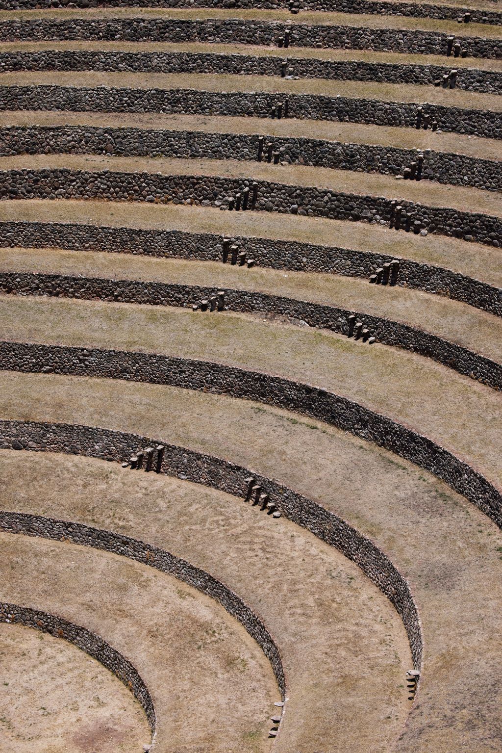 A closeup of circular terraces at Moray Inca Ruins near Cusco, Peru