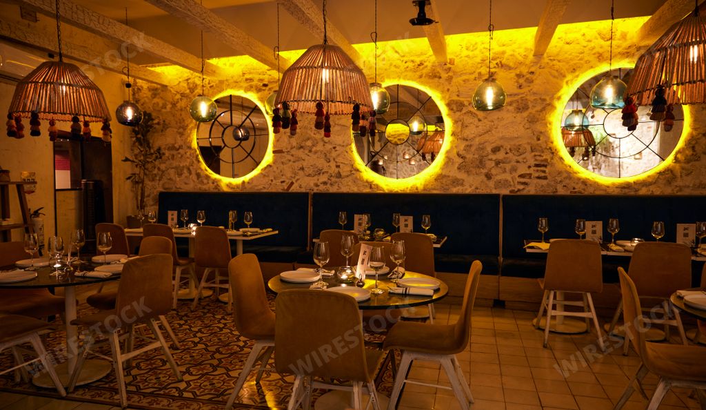 An interior of an empty restaurant during the pandemic in Colombia, Cartagena