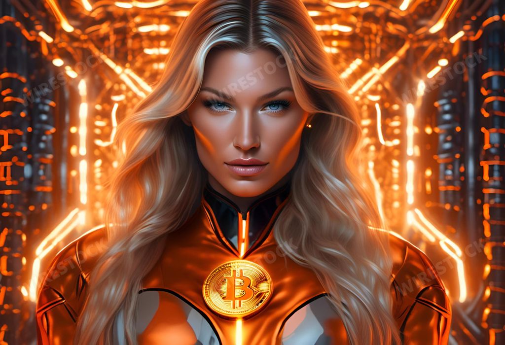 An AI generated illustration of A female warrior in gold armor stands in an imposing pose in front of a mysterious dark hallway