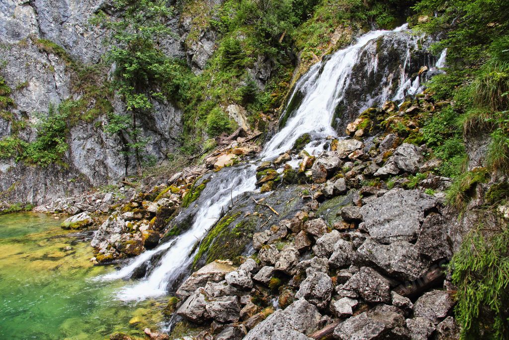 Between green forest a beautiful hidden waterfall in the Austrian alps
