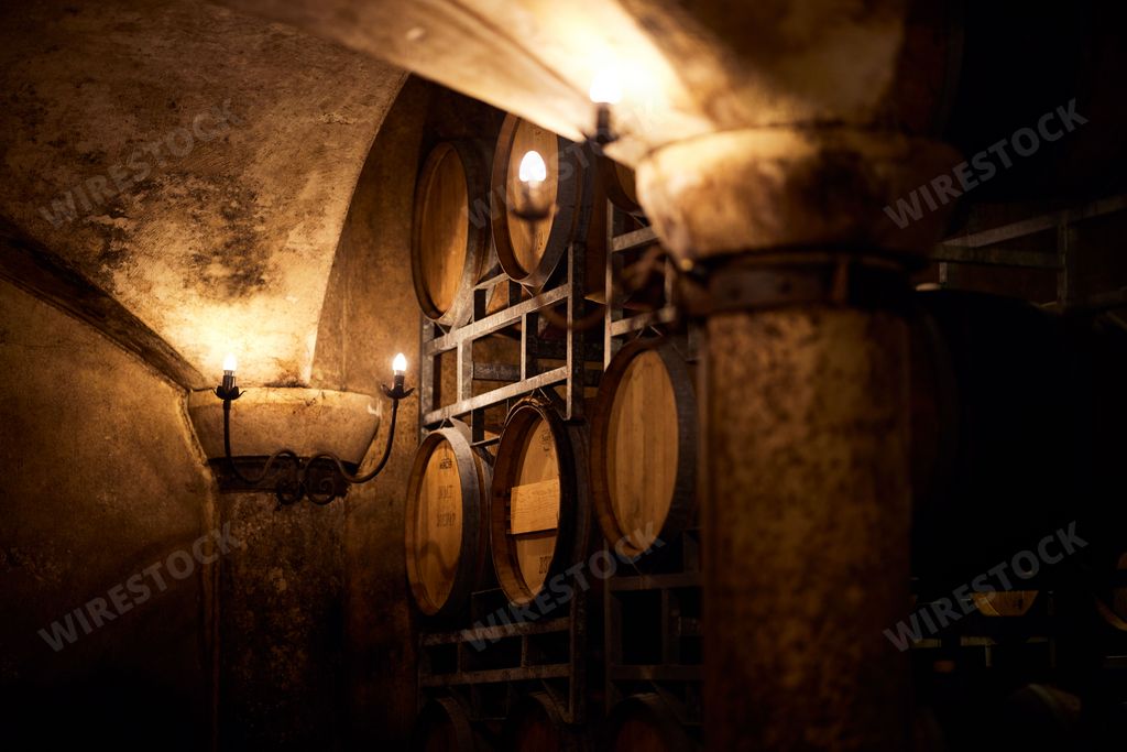 A selection of vintage wine barrels is displayed in a dimly lit cellar