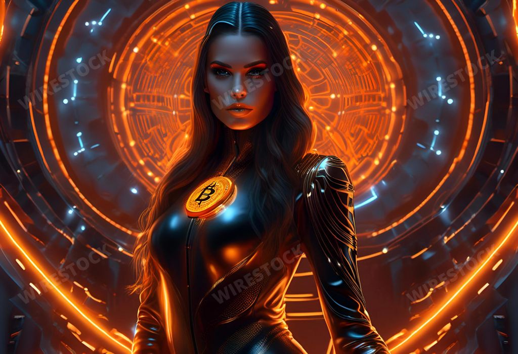 An AI generated illustration of A young woman wearing a black latex bodysuit stands in a dark room illuminated by a vibrant glowing portal at the end