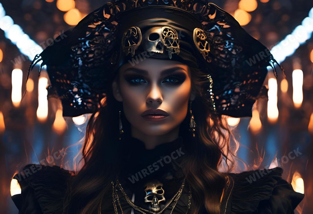 An AI generated illustration of A female with a sinister expression wearing a striking, ornate headdress stands in an elegant pose for a photograph
