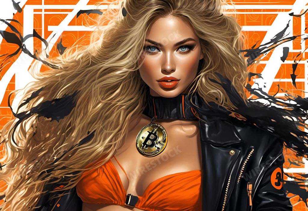 An AI generated illustration of Blonde woman in orange bikini and jacket poses by water