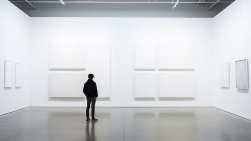 An AI generated illustration of A human subject is seen standing in front of a white wall featuring a grid of blank squares in an art museum