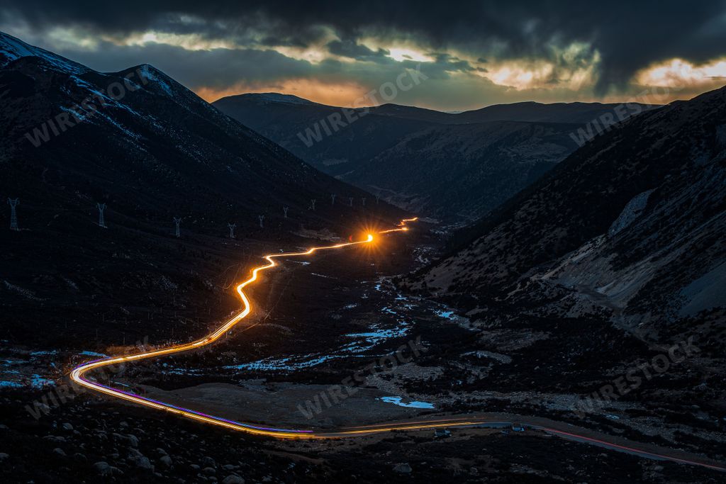Vehicle light trails on the Sichuan Tibet highway in China
