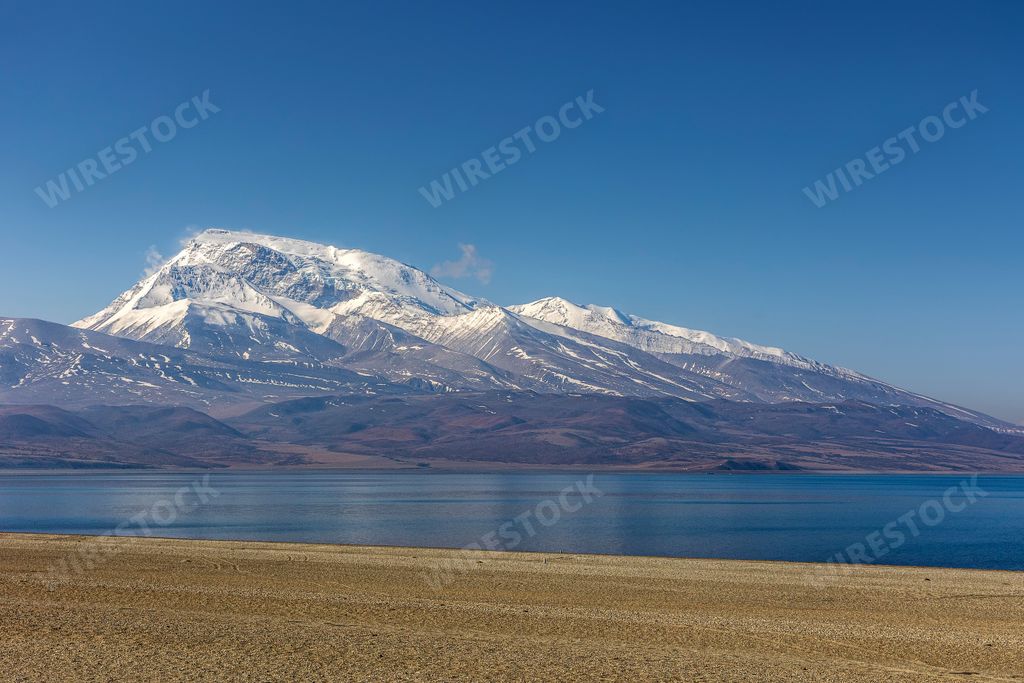 A beautiful lake with the snowy peak of Gurla Mandhata in Himalayas in Taqin County, Ali Prefecture, Tibet, China
