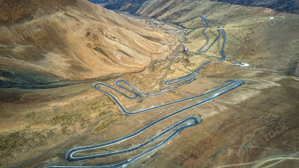 An aerial view of the mountain road in the Everest National Park in Xigaze, Tibet, China