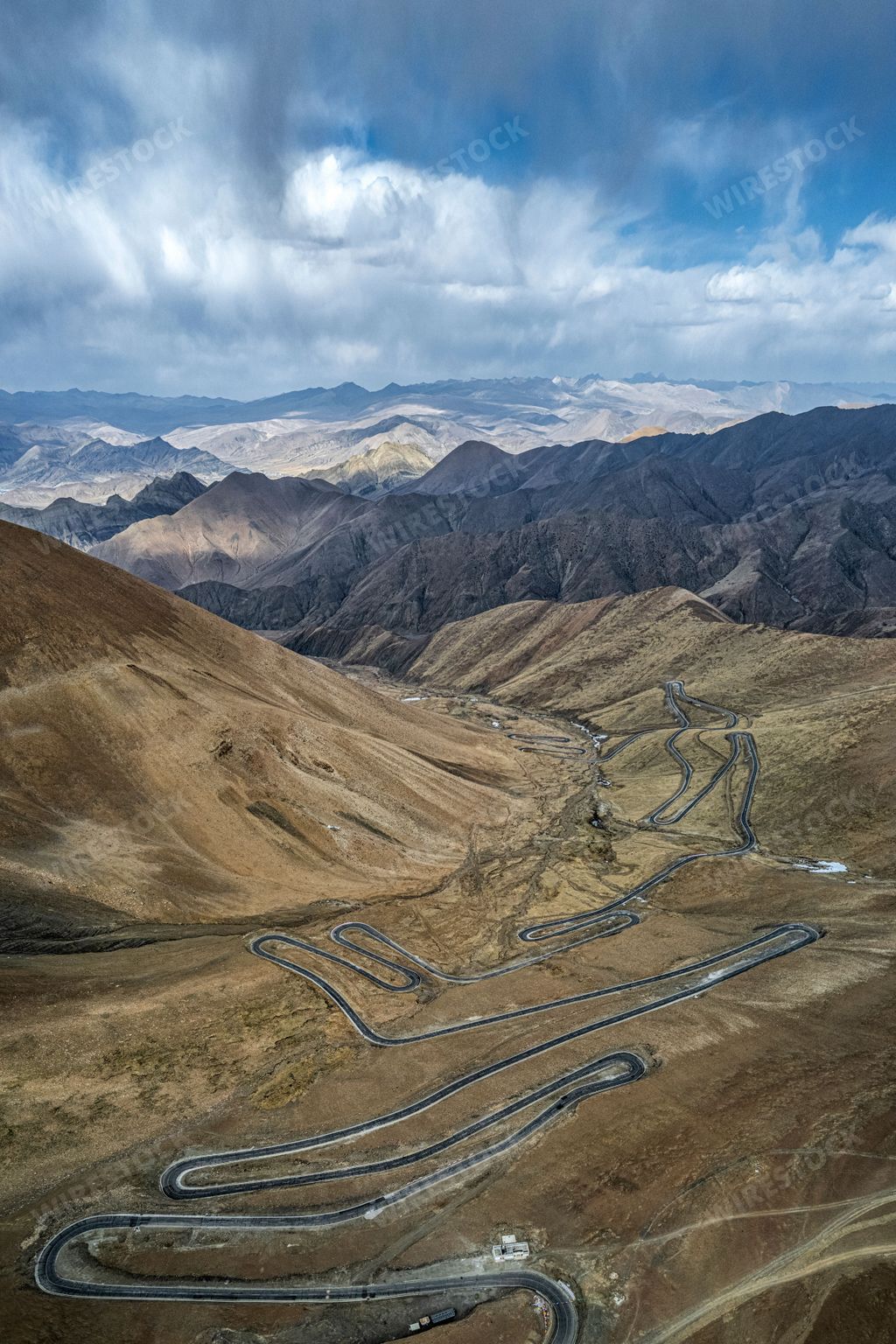 An aerial view of the mountain road in the Everest National Park in Xigaze, Tibet, China