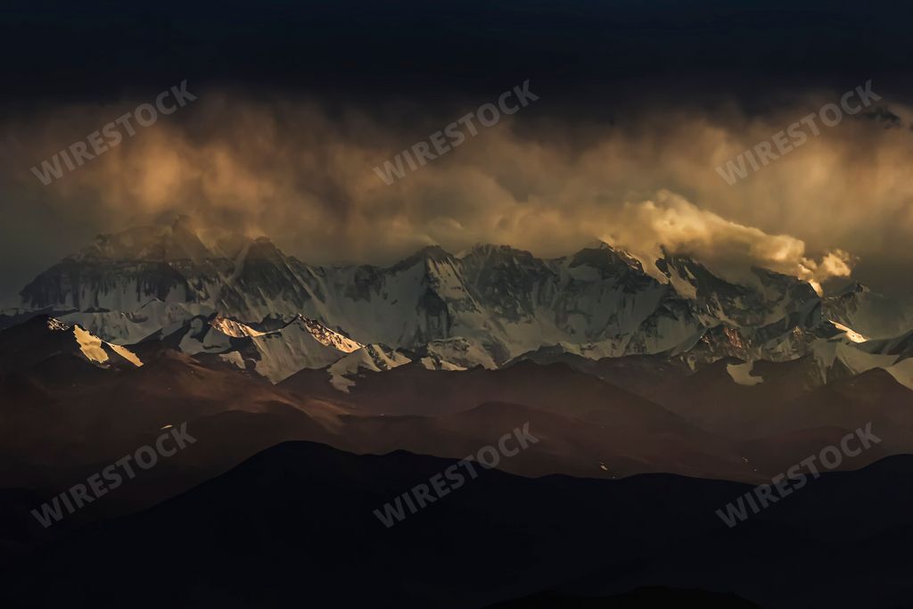 An aerial view snow covered Himalayan mountain landscape