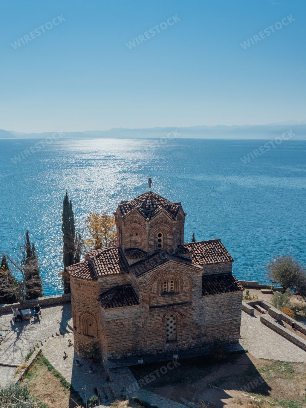 A vertical shot of the Church of St. John at Kaneo at lake Ohrid, in North Macedonia