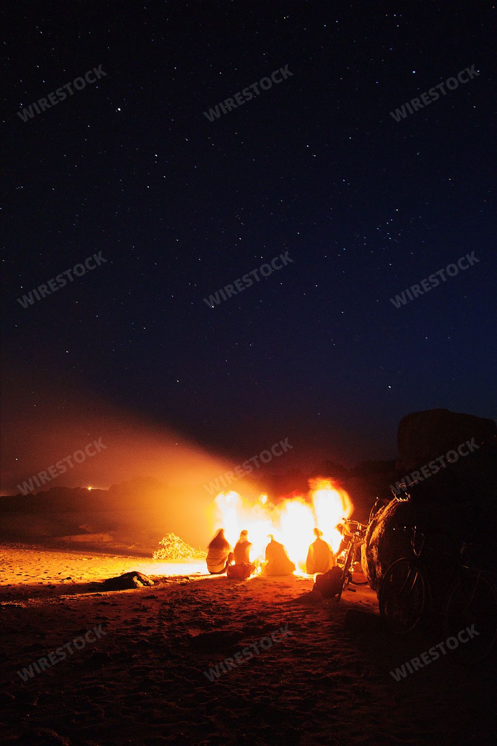 The friends around the campfire under the starry night sky