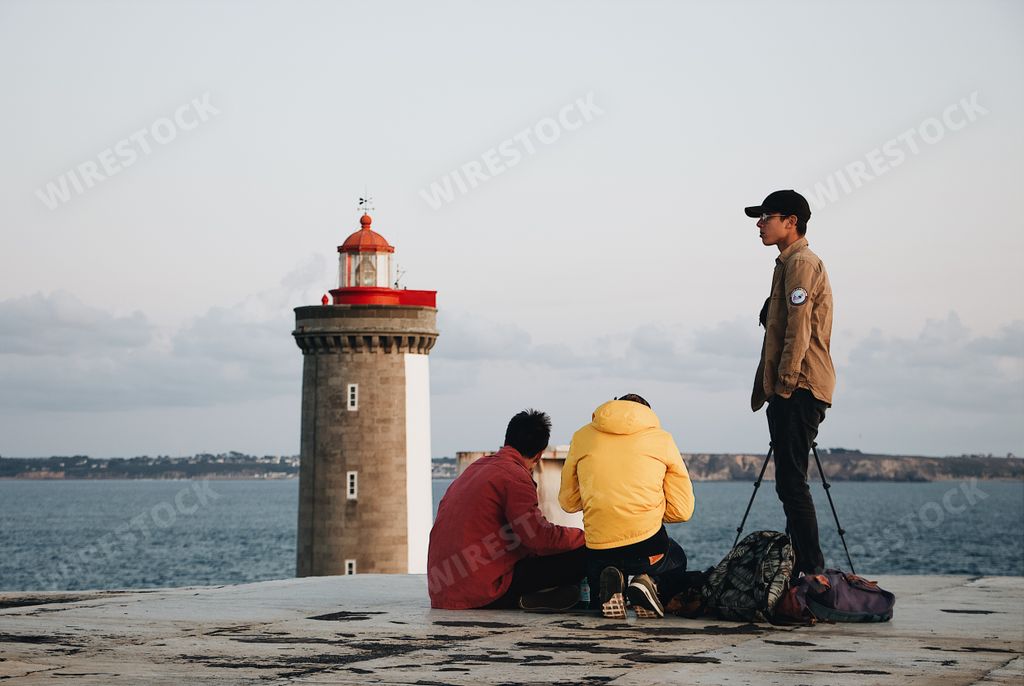 The photographers setting up the camera to take pictures of the mountains and sea in Toulouse, France