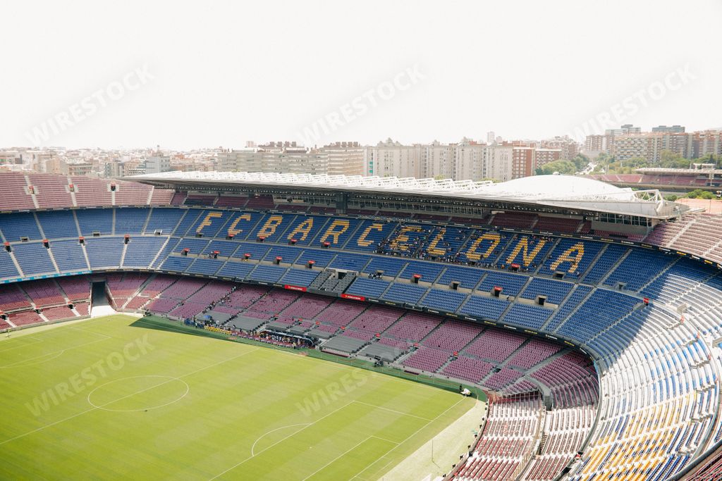View of FC Barcelona offical football stadium in Barcelona, Spain from tribuna
