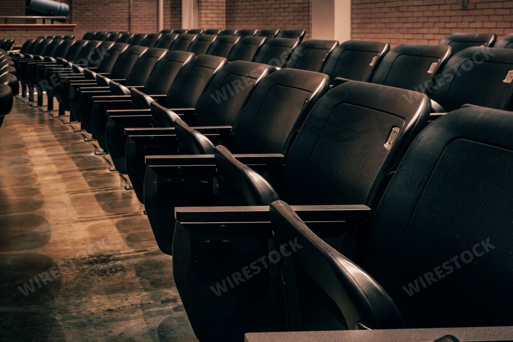 Rows of numbered theatre seats in a dark empty theater/auditorium.