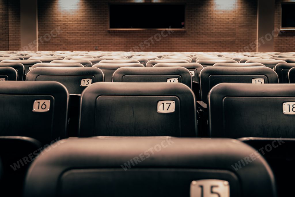 Rows of numbered theatre seats in a dark empty theater/auditorium.