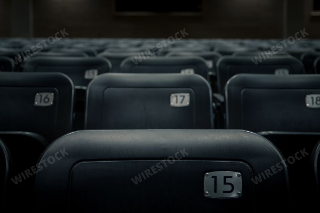 Rows of numbered theatre seats in a dark empty theater/auditorium.