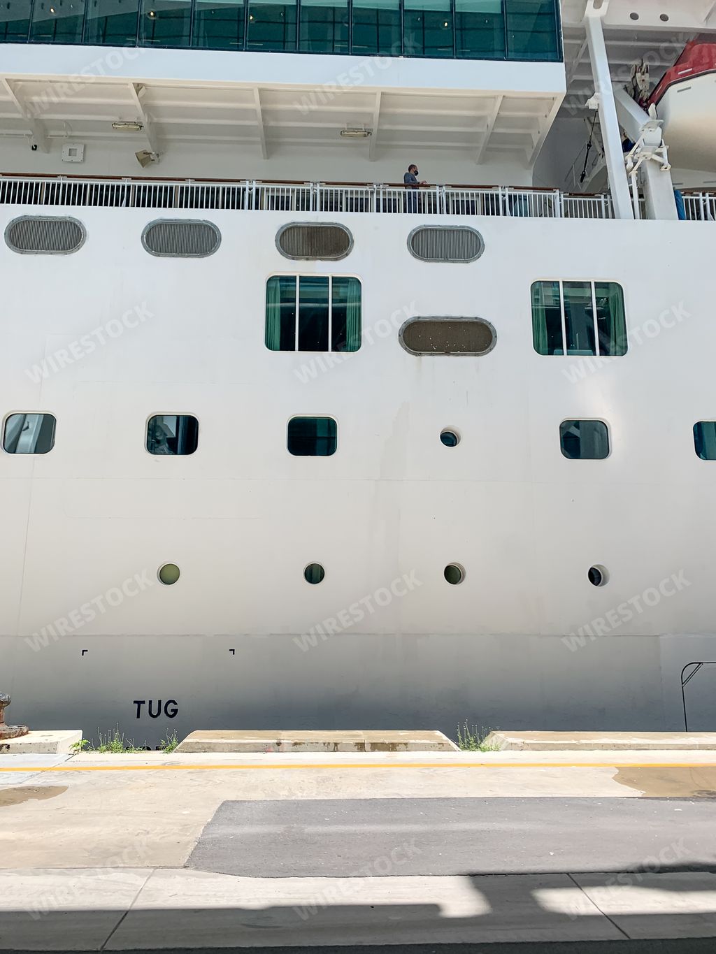 A vertical shot of the Norwegian Cruise Line ship dockside in Miami, Florida