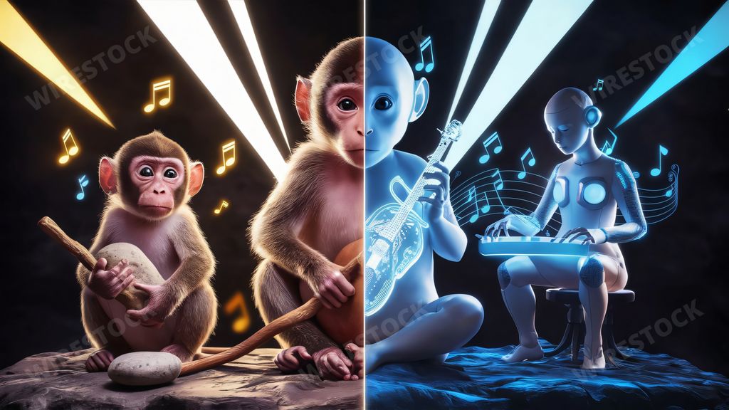 An AI generated illustration of two images of monkeys playing musical instruments, one monkey also holds an instrument