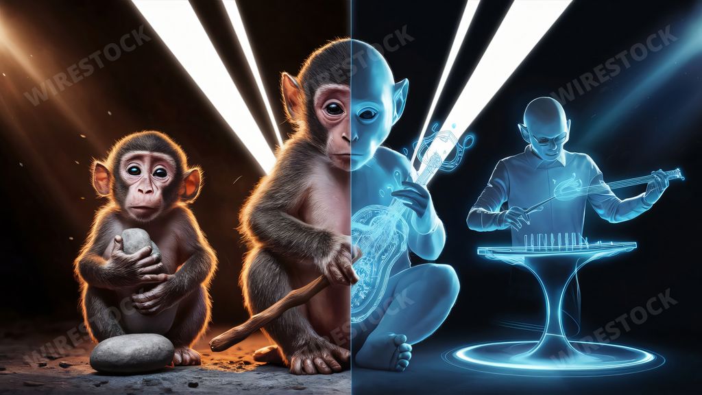 An AI generated illustration of monkeys performing with instruments on stage with microphone and lights