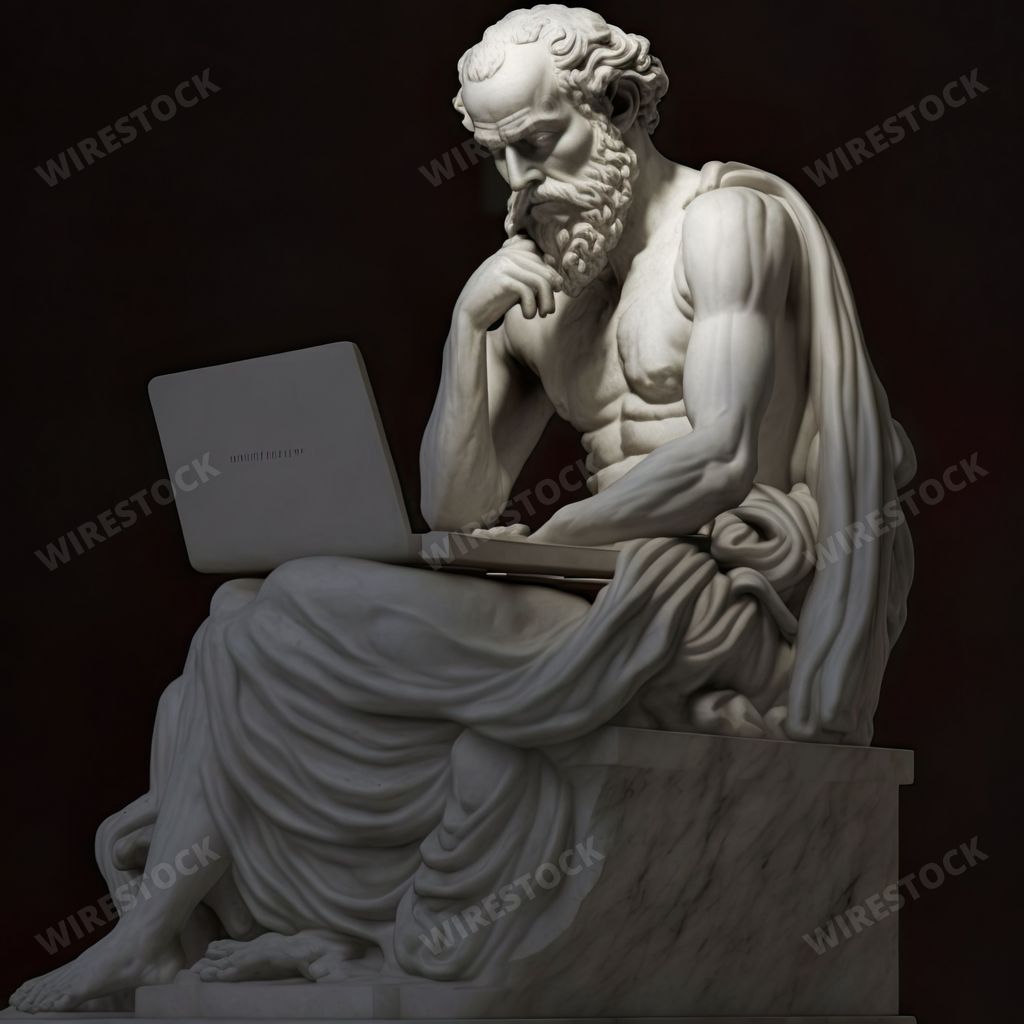 An AI generated illustration of the statue of Socrates, the Classical Greek philosopher, in front of a laptop on a black ground