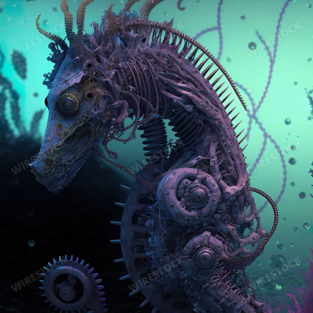 An AI generated illustration of biomechanical soldier seahorse in the ocean