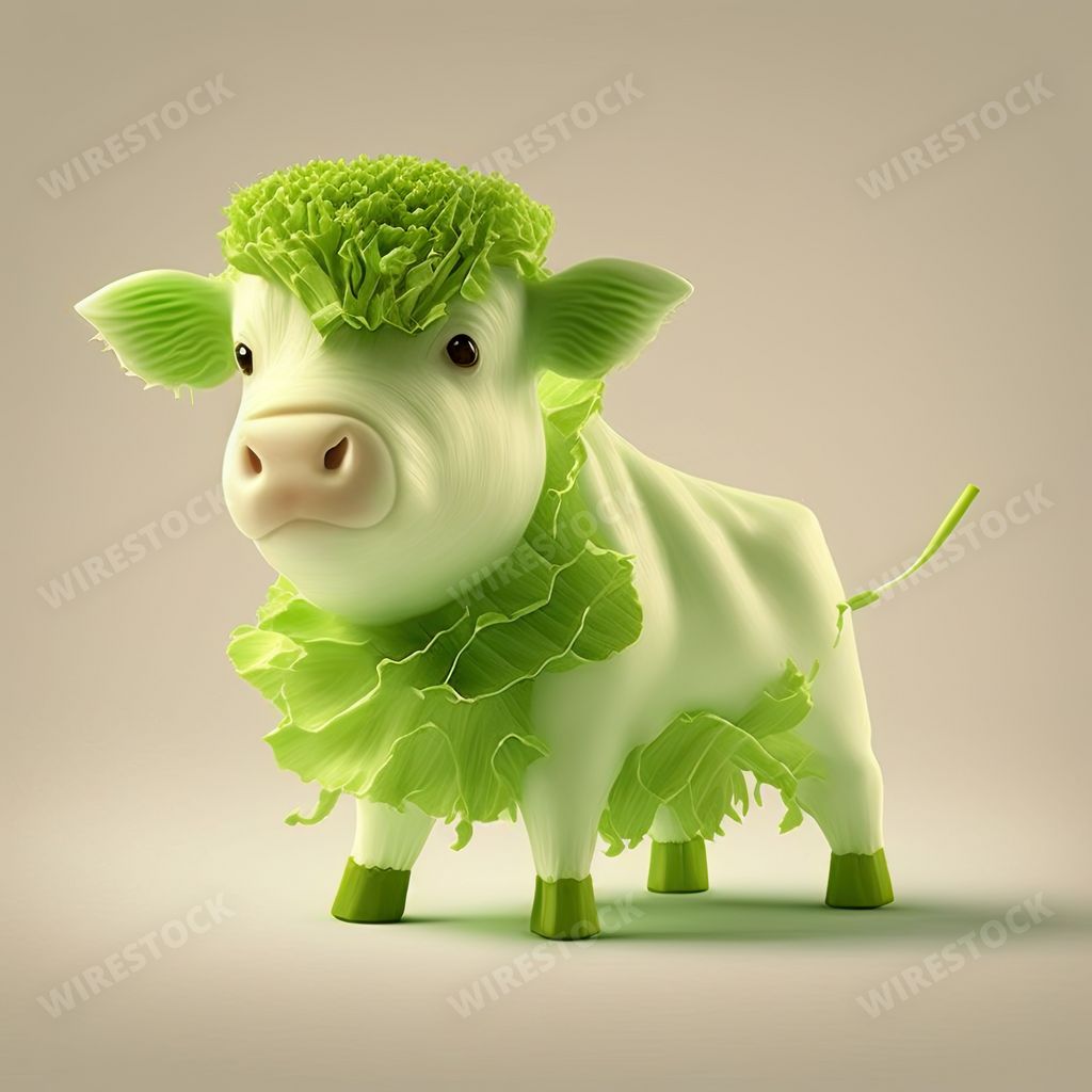 An AI generated illustration of a fluffy cow made of celery