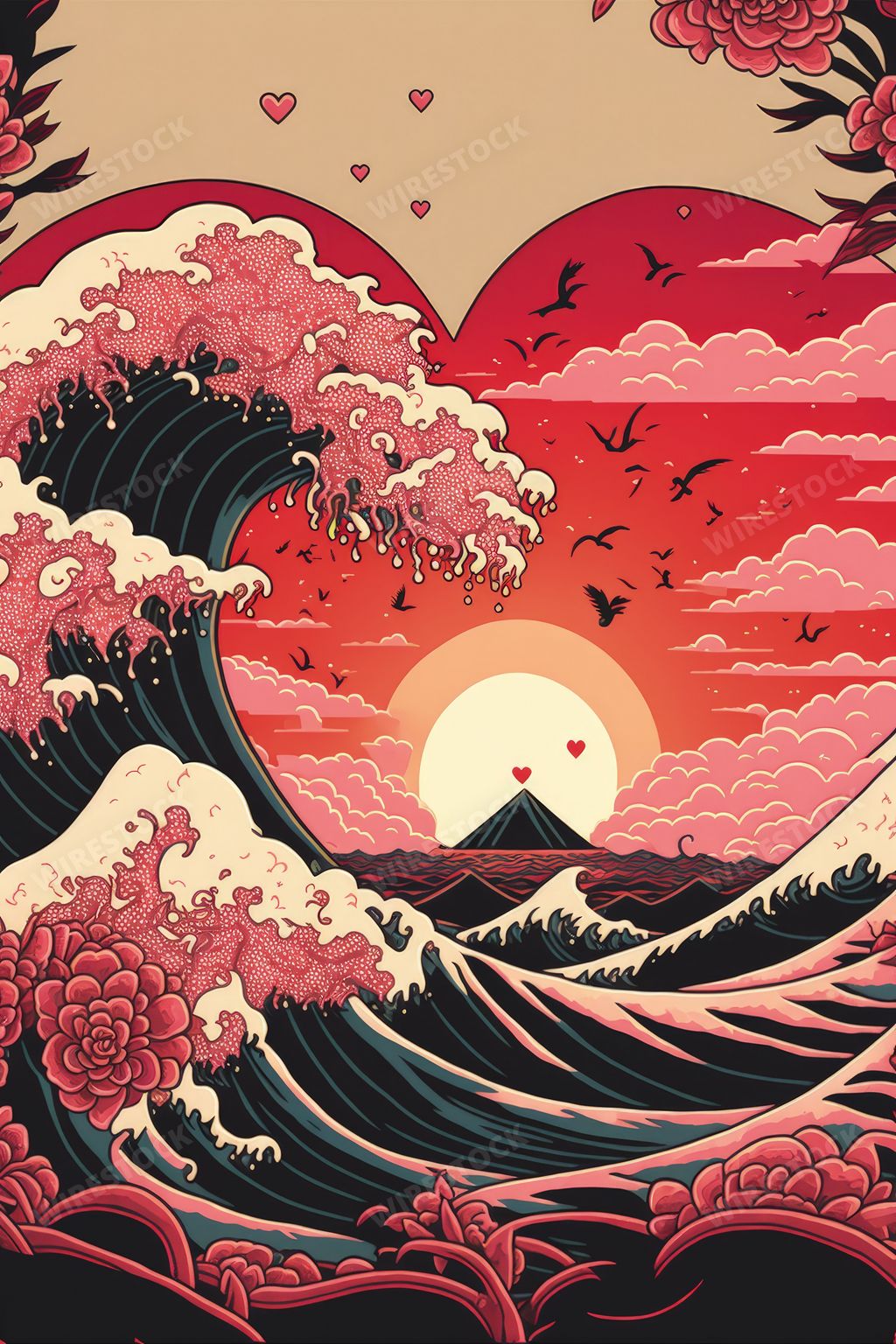 An illustration of the sea waves with sakura and red sunset in the background in Japanese style