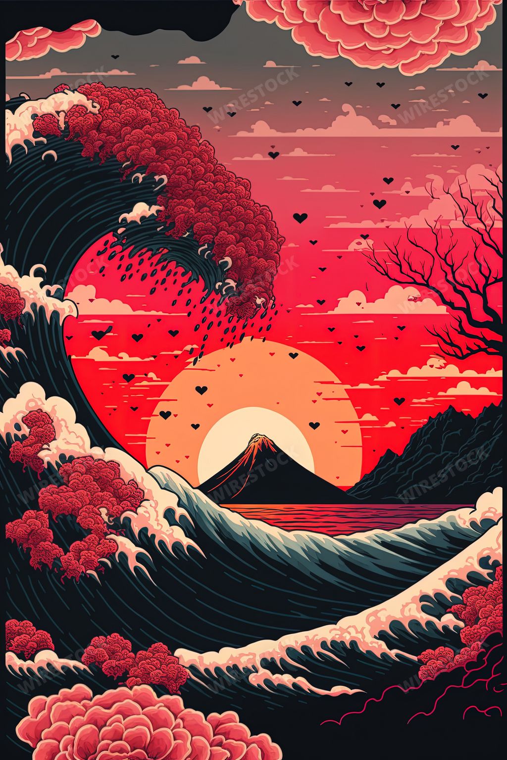 An illustration of the sea waves with sakura and red sunset in the background in Japanese style