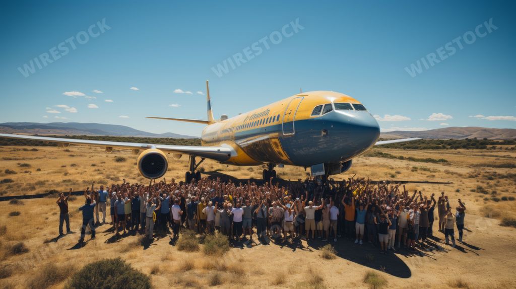 An AI generated illustration of A commercial airliner preparing for departure with a crowd of enthusiastic travelers gathered around it in anticipation