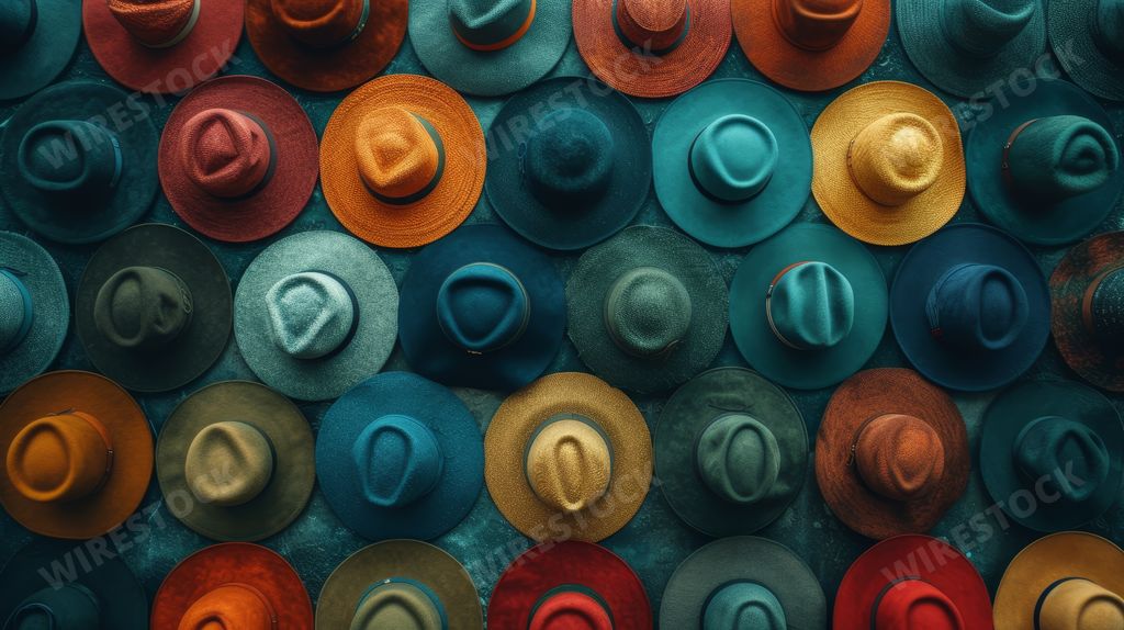 An AI generated illustration of colorful hats neatly arranged in rows against a vibrant wall