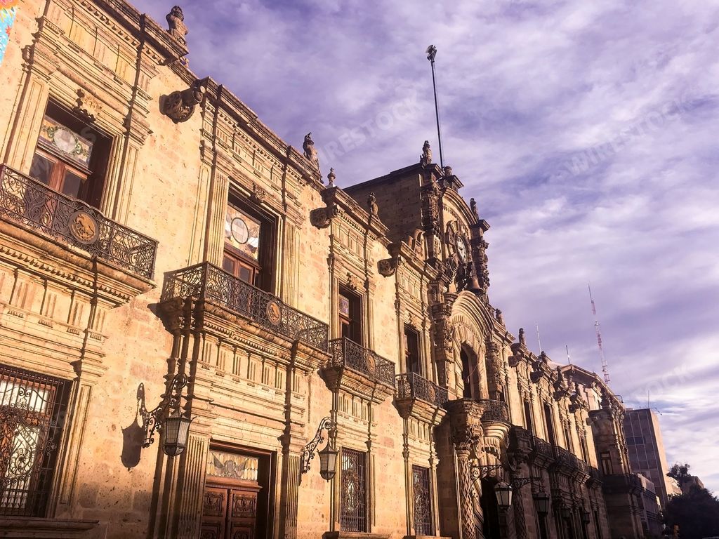 The sunlight illuminating the facade of the old Government Palace, Guadalajara Mexico