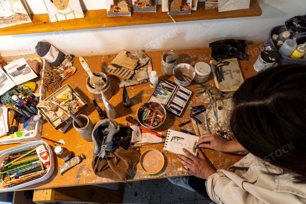 A studio or workspace of an artist doing oil painting