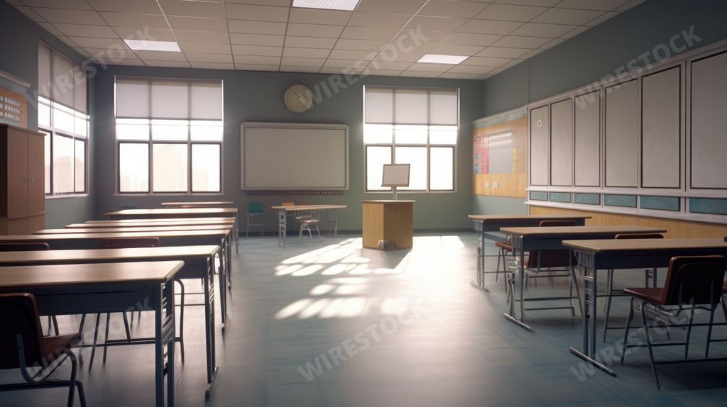 An AI generated illustration of A modern, empty classroom with multiple desks and chairs arranged in the foreground