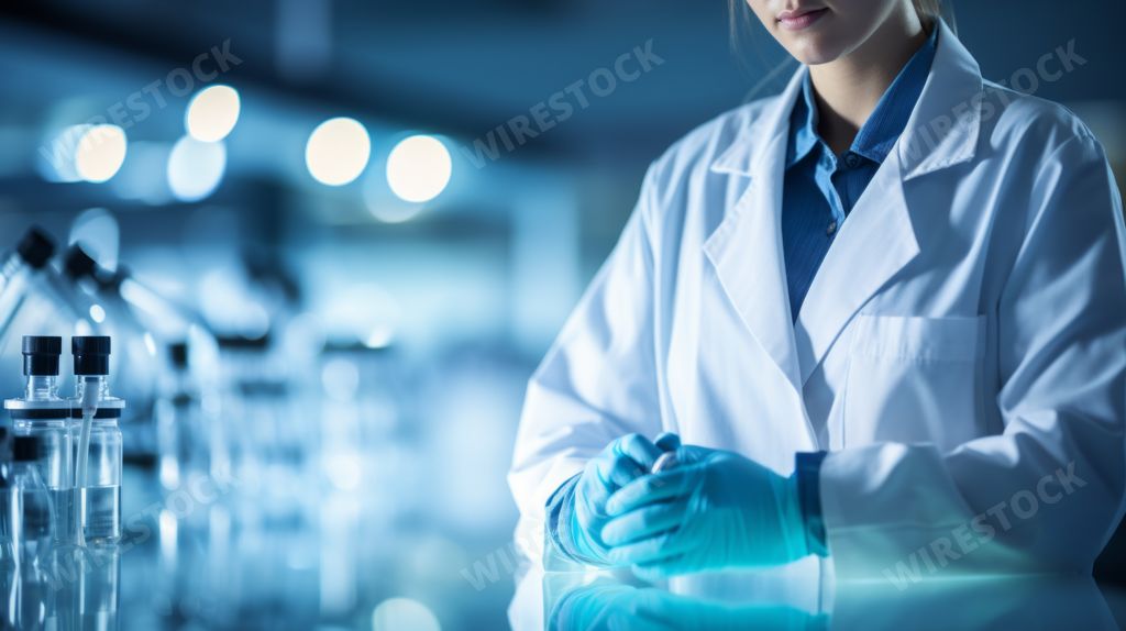 An AI-generated illustration of a scientist in a lab coat and gloves sitting at a table with bottles