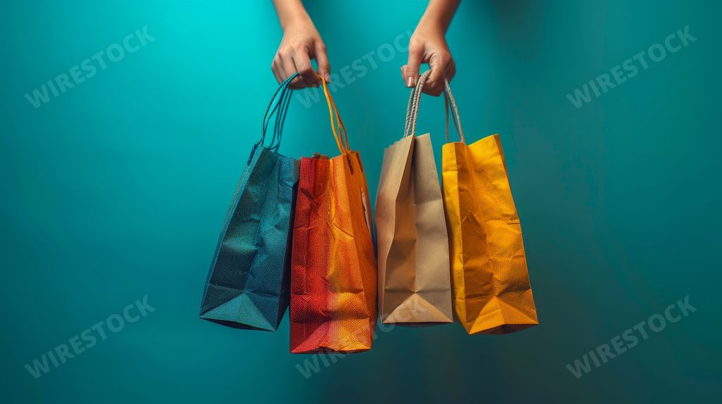 An AI generated illustration of A woman carrying multiple shopping bags in her hands and one in her arm