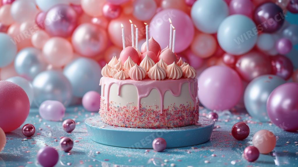 An AI generated illustration of A birthday cake with lit candles next to colorful balloons