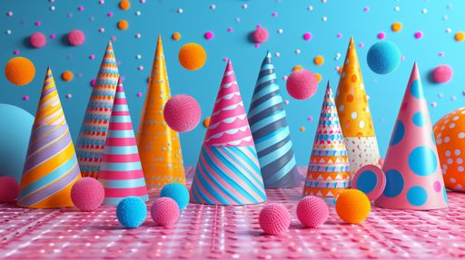 AI generated illustration of colorful party hats and confetti dots on a ...