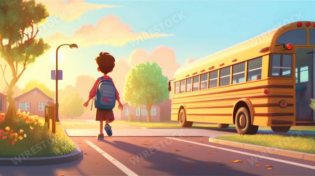 An AI generated illustration of A young elementary school student wearing a backpack walks down a busy city street alongside a yellow bus