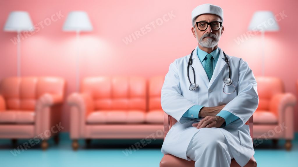 An AI generated illustration of Elderly male with a stethoscope seated in front of a chair