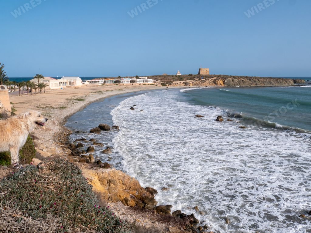 An aerial view of waves on the shore of Tabarca Island in Alicante, Spain