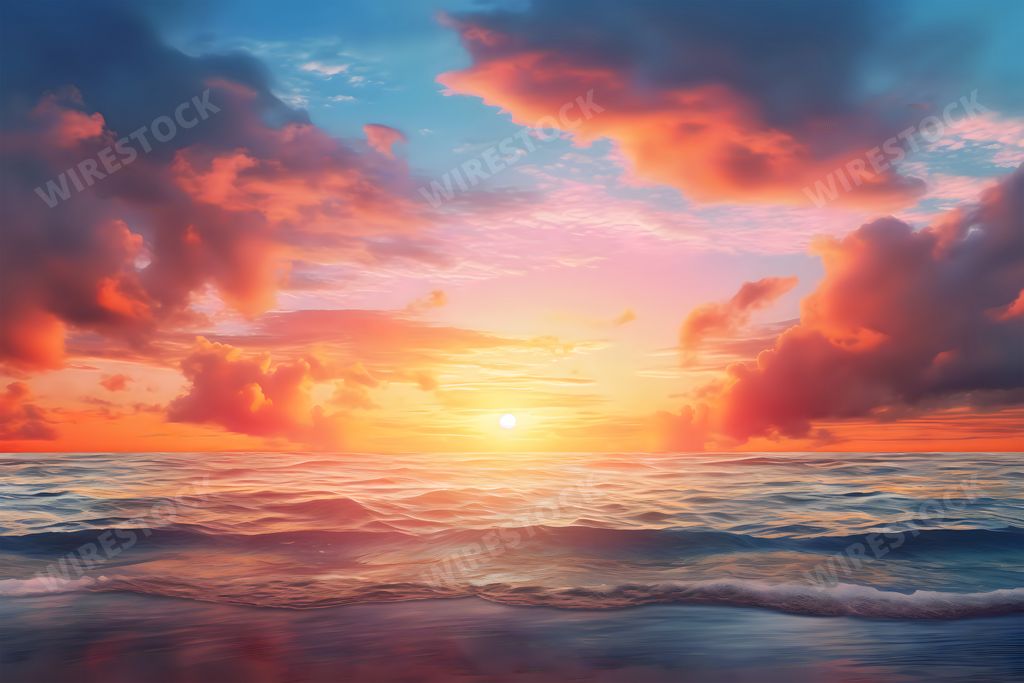 An AI generated illustration of A stunning sunset illuminates the horizon, with the sun's rays beaming across the blue water