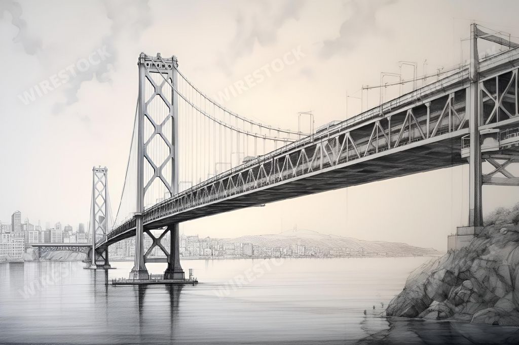 An AI generated illustration of A scenic view of a bridge extending across a tranquil bay surrounded by majestic mountains and sparkling blue waters